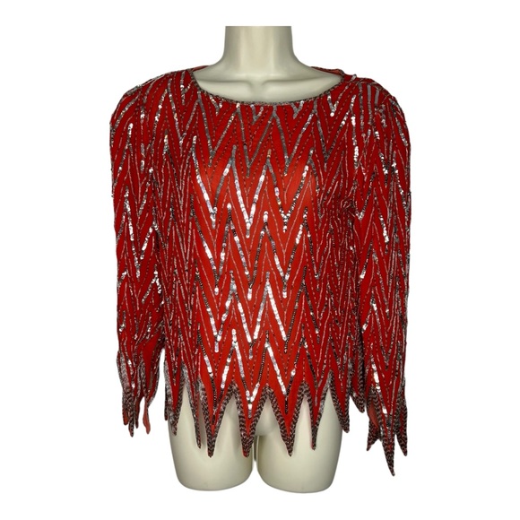 SWEE LO Silk VTG 80’s Red and Silver Sequined Beaded Blouse Top please Read - Picture 3 of 12